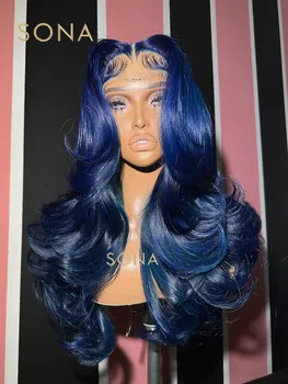 Темно-синий 13x6 HD Прозрачный кружевной лобовой парик Предварительно выщипанный синий кружевной спереди цветной волна тела Человеческие волосы WIgs