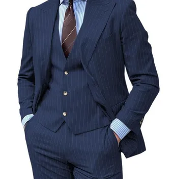 темно-синий полосатый мужской костюм остроконечный лацкан формальный деловой мужчина блейзер 3 шт. жених смокинг классический костюм мужской наряд