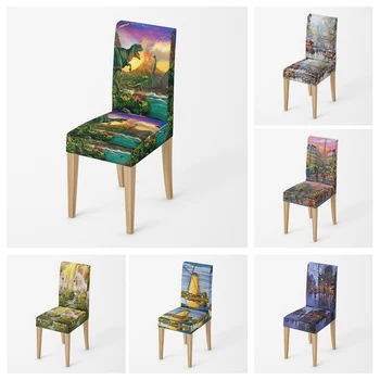 Чехол для домашнего стула Кухонные стулья в стиле масляной живописи Чехлырегулируемые столовые эластичные тканевые чехлы для стульев чехлы для стульев на свадьбу