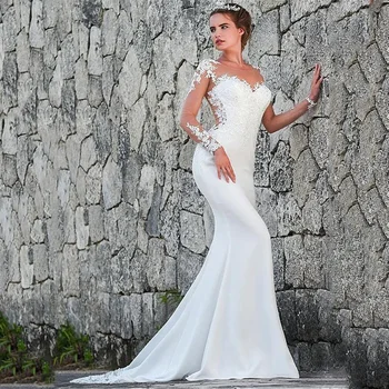 Элегантное белое свадебное платье с круглым вырезом Наклейка с длинным рукавом Кристалл бисером в пол с длинным рукавом русалка свадебное платье со шлейфом