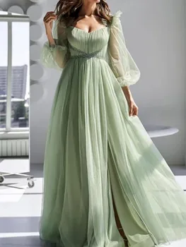 Элегантное пышное плиссированное платье с длинными рукавами спереди с бисером Выпускные платья Свадебные платья на день рождения Вечерние платья