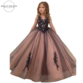 Элегантные черные кружевные платья для девочек из тюля 2022 V-образный вырез на пуговицах сзади бальное платье принцесса для девочек халат принцесса enfant fille