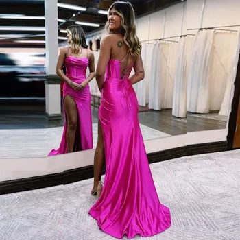 Ярко-розовый атлас русалка выпускное платье спагетти на бретелях vestido выпускное платье до пола сплит официальная вечеринка выпускное платье